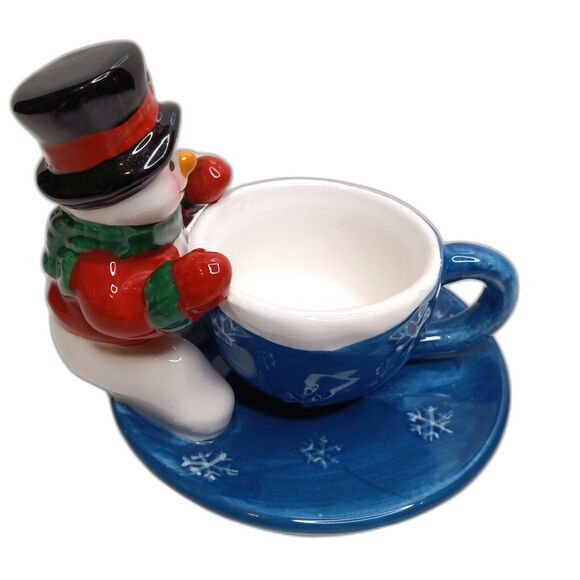 Christmas Ornament Snowman and Teacup Tealight Ceramic Candle Holder Decor - Picture 5 of 9